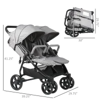 Qaba Side by Side Baby Double Stroller for Toddlers Twin Pushchair with Adjustable Backrest Foot Holder Canopy Safety Harness and Storage Basket Shock Suspension Grey(m-3)