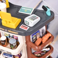 Qaba Kids Supermarket Playset with Shopping Cart Pretend Play Set Toys with Working Scanner & Credit Card Reader Play Toy Accessories Light & Sound for 3 to 6 Years Brown(m-4)