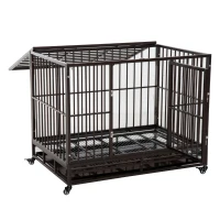 PawHut 42" Heavy Duty Dog Crate Metal Cage Kennel with Lockable Wheels, Double Door and Removable Tray, Brown(m-7)