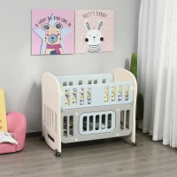 Qaba Baby Crib 3 In 1 Design Toddler Cot Cradle Beside Sleeping Cot with Storage Function Detachable Lockable Wheels for Infant Newborn Age 0 to 6 Months(m-1)