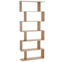 HOMCOM 75.5" H Bookcase 6 Shelf S-Shaped Bookshelf Wooden Storage Display Stand Shelf Organizer Free Standing, Oak(m-10)