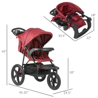 Qaba Baby Stroller Foldable Carriage for Toddler with Adjustable Backrest and Canopy Suspension System Rubber Tire 5-Point Harness Cup Holder Storage Basket Red(m-3)