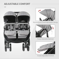 Qaba Side by Side Baby Double Stroller for Toddlers Twin Pushchair with Adjustable Backrest Foot Holder Canopy Safety Harness and Storage Basket Shock Suspension Grey(m-4)