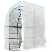 Outsunny 7' x 3' x 7' Outdoor Lean-to Walk-In Greenhouse, Plant Gardening Green House with Roll-up Mesh Windows, Zipper Door and 3-Tier Shelves, White and Green Frame(m-2)