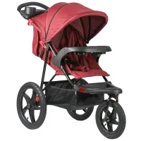 Qaba Baby Stroller Foldable Carriage for Toddler with Adjustable Backrest and Canopy Suspension System Rubber Tire 5-Point Harness Cup Holder Storage Basket Red(m-1)