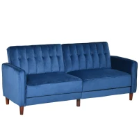 HOMCOM Convertible Sofa Sleeper Futon with Split Back Design Recline, Thick Padded Velvet-Touch Cushion Seating and Wood Legs, Blue(m-1)