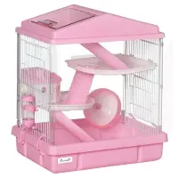 PawHut 3-Tier Hamster Cage Rodent Gerbil Habitat Rat House with Steel Wire, Exercise Wheel, Food Dish, Water Bottle, Pink(m-1)