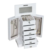 HOMCOM Tabletop Jewelry Box Beauty Organizer with Mirror, 6 Slot Shelves for Necklaces and Earrings, Lockable - White(m-1)