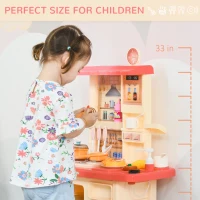 Qaba Kids Kitchen Play Set Role Play Cooking Toy, Educational Pretend Playset Game, w/ Water Circulation Spray Music Sound Light, 360° Rotation Faucet for 3-6 Years Old Beige, Pink(m-5)