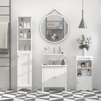 HOMCOM Tall Bathroom Storage Cabinet/Freestanding Linen Tower with 3-Tier Open Adjustable Shelf and Cupboard, White(m-2)