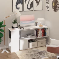 HOMCOM 55" 360° Rotating Corner Computer Desk Modern L-Shaped Home Office Workstation with 3-Tier Storage Shelves, Bookshelf, White(m-2)