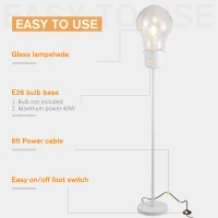 HOMCOM Industrial Tall Pole Floor Lamp with Metal Base, Modern Standing Lamp, Bulb-Shaped Glass Shade, On/Off Foot Switch, E26 Bulb Base for Bedroom, Living Room, White(m-6)