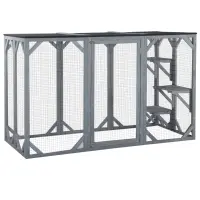 PawHut 71" x 32" x 44" Large Wooden Outdoor Cat Enclosure Catio Cage With 3 Platforms, Gray(m-1)
