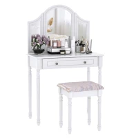 HOMCOM Luxury Wooden Vanity Table Set Makeup Table with Tri-Folding Mirror, Drawer and Padded Stool, White(m-2)