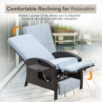 Outsunny Patio Recliner, Outdoor Reclining Chair with Flip-Up Side Table, All-Weather Wicker Metal Frame Chaise with Footrest, Cushions, Coffee, Blue(m-6)
