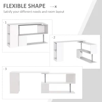 HOMCOM 55" 360° Rotating Corner Computer Desk Modern L-Shaped Home Office Workstation with 3-Tier Storage Shelves, Bookshelf, White(m-4)