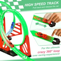 Qaba Race Track Set Track Builder Loop Kit Criss Cross Track Set Starter Kit with Pull-back Cars for 3-6 years old Boys and Girls Green(m-4)