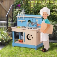 Outsunny Wooden Kids Kitchen with Pots and Pans, Storage Shelf Cabinet, Side Hanger, Sun, Moon, Star Pattern for 3+(m-2)