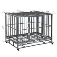 PawHut Heavy Duty Dog Cage Wheeled Pet Crate Exercise Kennel Double Door w/ Metal Tray Grey(m-3)