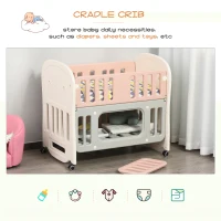 Qaba Baby Crib 3 In 1 Design Toddler Cot Cradle Beside Sleeping Cot with Storage Function Detachable Lockable Wheels for Infant Newborn Age 0 to 6 Months,Pink(m-8)