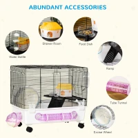 PawHut Hamster Cage, Gerbil Haven, Multi-storey Rodent House, Small Animal Habitats, Large Hide-out, w/ Water Bottle, Tubes, Excise Wheel, Food Dish, Ramp, Shower Room, White(m-4)