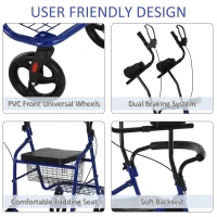 HOMCOM Adjustable Rollator Walker for Seniors with a Foldable Comfort Design, Steel Handbrakes, & Storage Space(m-7)