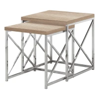 Monarch Contemporary 2 Piece Wood Grain-Look Top Chrome Metal Frame Accent Side Nesting Table Set - Natural Finish(m-1)