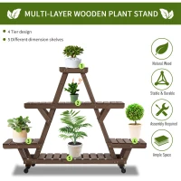 Outsunny 57'' x 14'' x 41'' 4 Tier Wooden Plant Shelf with Wheels Rolling Plant Pots Holder Stand Indoor Outdoor(m-4)