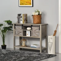 HOMCOM Farmhouse Style Console Table with Sliding Barn Doors and 4 Open Storage Compartments and Elevated Base, Grey(m-2)