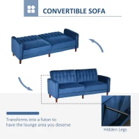 HOMCOM Convertible Sofa Sleeper Futon with Split Back Design Recline, Thick Padded Velvet-Touch Cushion Seating and Wood Legs, Blue(m-4)