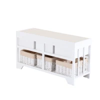 HOMCOM 3-Cube Wood Storage Bench w/ Cushion Entryway Organizer Seat with Wicker Basket and Drawer White(m-5)