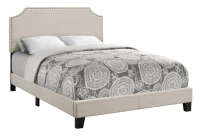 Monarch Full Size Contemporary Upholstered Bed Frame with Cutout Headboard, Brass Nail Head Trim and Wood Legs - Beige Linen Look(m-1)