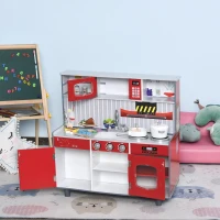 Qaba 2 in 1 Multifuction Kids Kitchen Play Set with Accessories Large Play Kitchen Red(m-10)
