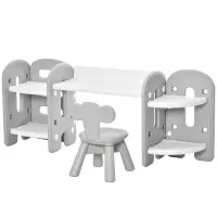 Qaba Kids Table and Chair Set, Activity Desk with Bookshelf & Storage for Study, Activities, Arts, or Crafts, Grey and White(m-1)