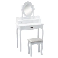 HOMCOM Vanity Table Set with Mirror and 3 Drawers, 360° Rotatable Wooden Makeup Dressing Table with Large Padded Stool, Gift for Women Girls, White(m-2)