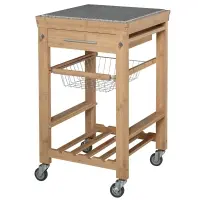 HOMCOM Bamboo Rolling Kitchen Island on Wheels Storage Cart with Granite Top, a Slide-Out Basket & Wine Storage Rack(m-1)