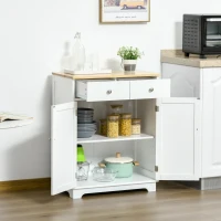 HOMCOM Kitchen Storage Cabinet, Sideboard Floor Cupboard with Solid Wood Top, Adjustable Shelf, and 2 Drawers for Living Room, and Hallway, White(m-8)