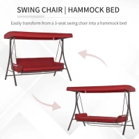 Outsunny 3-Seat Patio Swing Chair, Converting Flatbed, Outdoor Porch Swing Bed Glider with Adjustable Canopy, Removable Cushions, Pillows for Garden, Poolside, Backyard, Red(m-4)