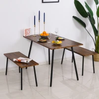 HOMCOM 3 PCs Table Dining Set With 2 Matching Benches P2 Grade MDF Steel Legs Dining Room - Brown(m-2)