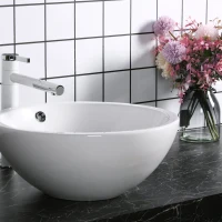 kleankin 18" x 18" Bathroom Vessel Sink, Porcelain Round bowl Art Design Basin Above Counter Ceramic Bathroom Vanity Sink, White(m-8)