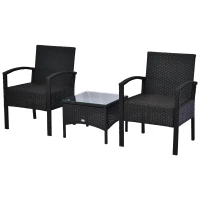 Outsunny 3 Pieces Wicker Patio Furniture Set, Rattan Bistro Set with Coffee Table and Cushions, Outdoor Conversation Set for Garden, Porch, Balcony, Black(m-8)