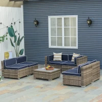 Outsunny 7-Piece Outdoor Wicker Patio Sofa Set, Modern Rattan Conversation Furniture Set with Cushions, Pillows and Tea Table - Blue(m-2)