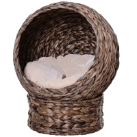 PawHut Handwoven Elevated Cat Bed with Rotating Basket and Soft Cushion, Wicker Cat Egg Chair with Stand, Brown