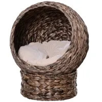 PawHut Handwoven Elevated Cat Bed with Rotating Basket and Soft Cushion, Wicker Cat Egg Chair with Stand, Brown(m-1)