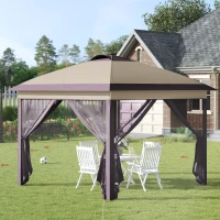Outsunny 11' x 11' Pop Up Gazebo, Instant Canopy Tent with Solar LED Light, Remote Control, Netting and Carrying Bag for Backyard Garden Patio, Beige(m-2)