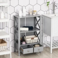 kleankin X- Frame Freestanding Floor Bathroom Storage with Two Drawers, Storage Organizer, Cabinet with 3 Shelves, Gray(m-2)