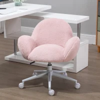HOMCOM Faux Fur Leisure Chair Accent Chair Office Swivel Chair with Mid-Back Wide Design, Adjustable Seat Height, Steel Base, Wheels, Pink(m-9)