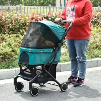 PawHut Travel Pet Stroller for Dogs, Cats, One-Click Fold Jogger Pushchair with Aluminum Frame, EVA Wheels, Brakes, Basket Storage, Safety Belts, Adjustable Canopy, Zippered Mesh Window Door, Blue(m-2)