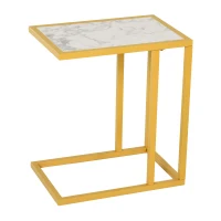HomCom Modern Console C-Shape Side Table with Marble-Looking Tabletop, a Unique Modern Design, White(m-1)