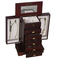HOMCOM Tabletop Jewelry Case Beauty Organizer with Mirror, 6 Slot Shelves for Necklaces and Earrings, Lockable - Walnut(m-1)